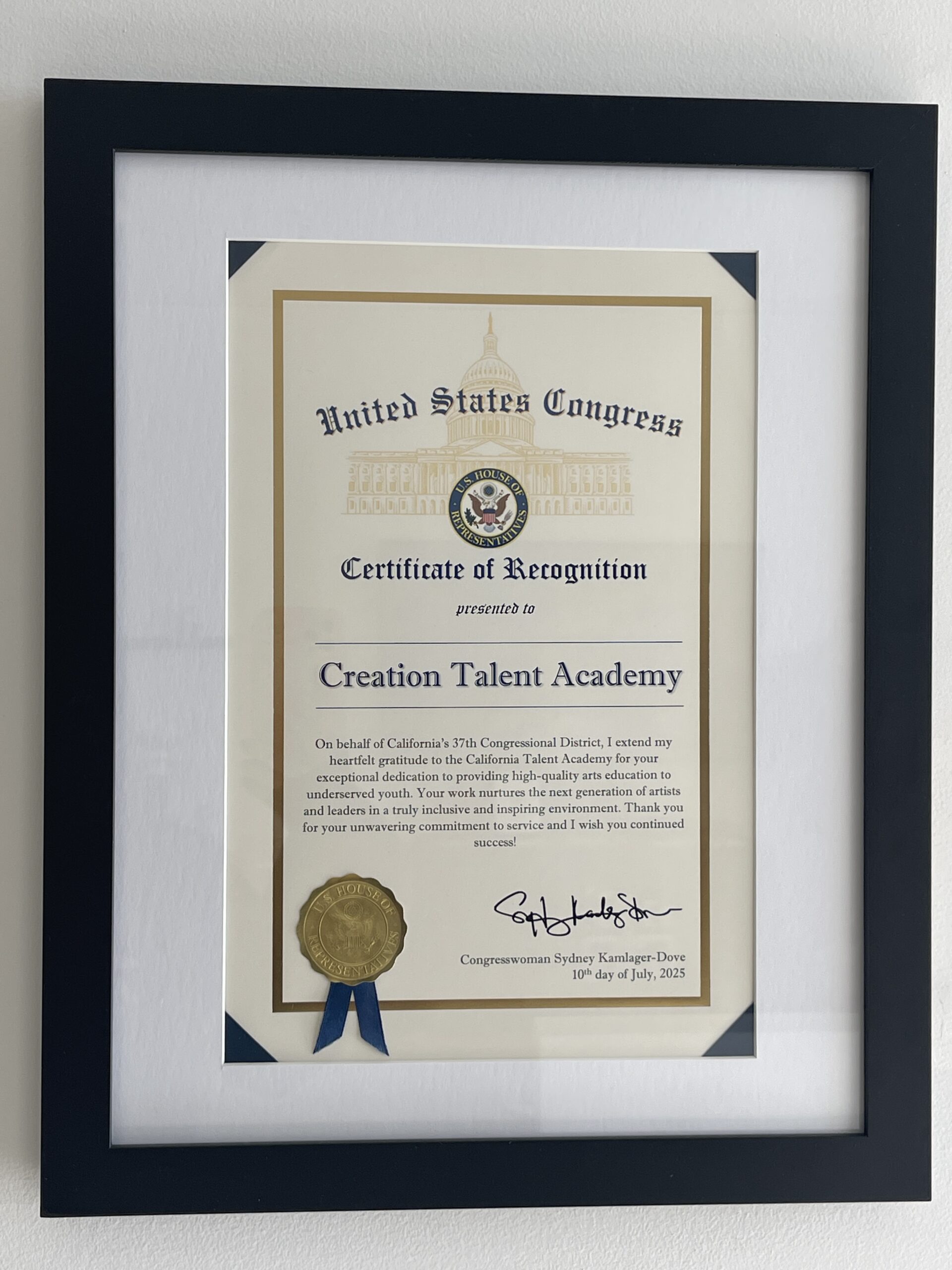 U.S. Congress - Certificate of Recognition (2025)